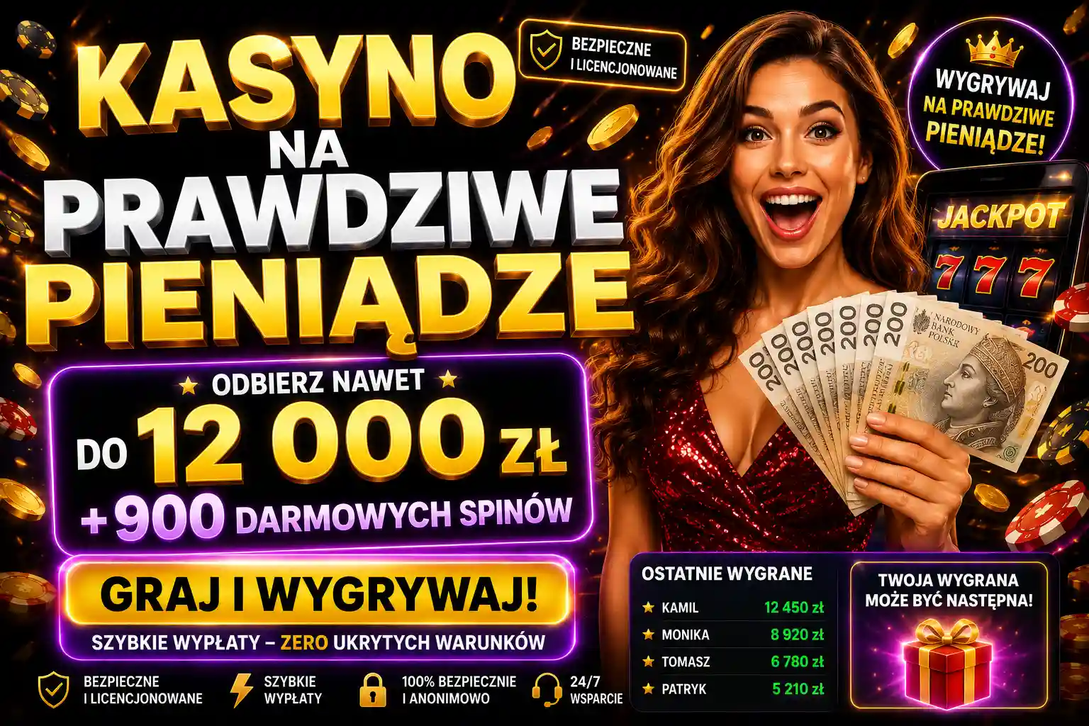 Kasyno na prawdziwe pieniądze — bonus do 12 000 zł i 900 darmowych spinów dla polskich graczy w 2026 roku